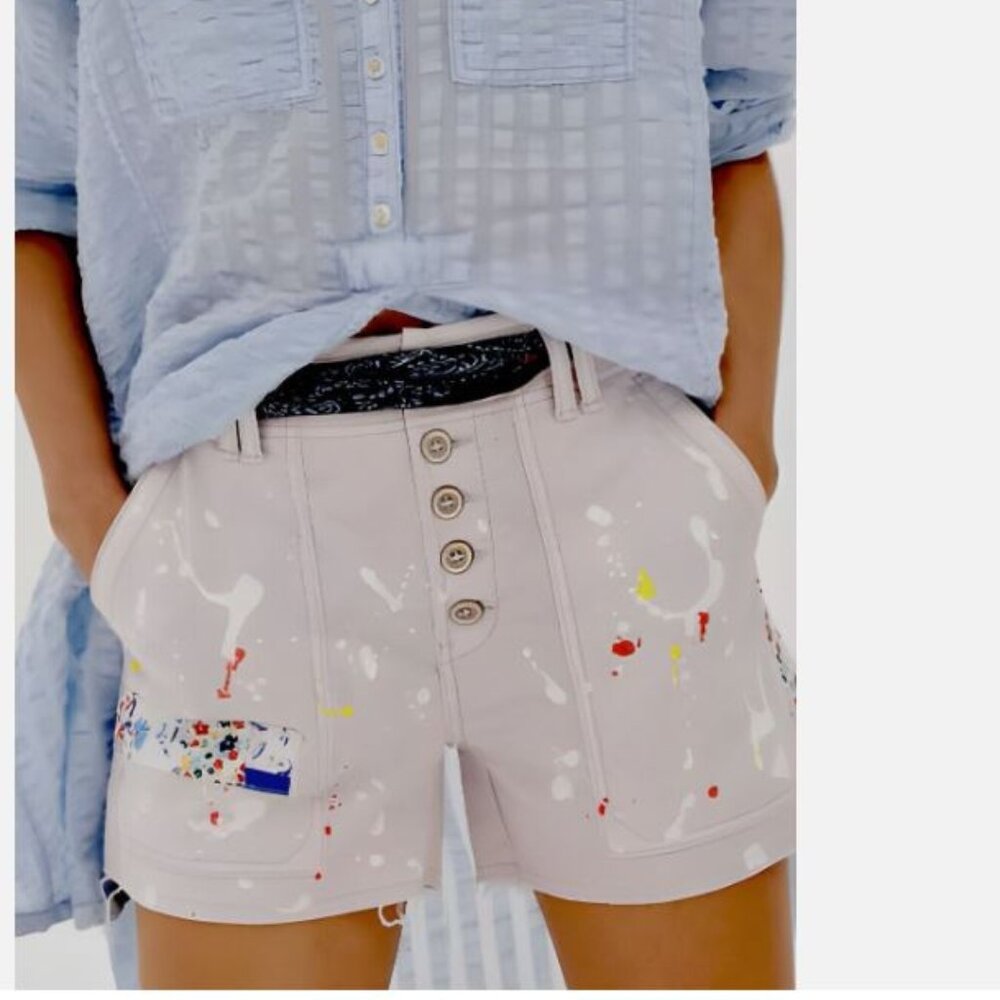 Anthropologie Paint-Splatter Cream Shorts with Multicolor Accents Sz 31